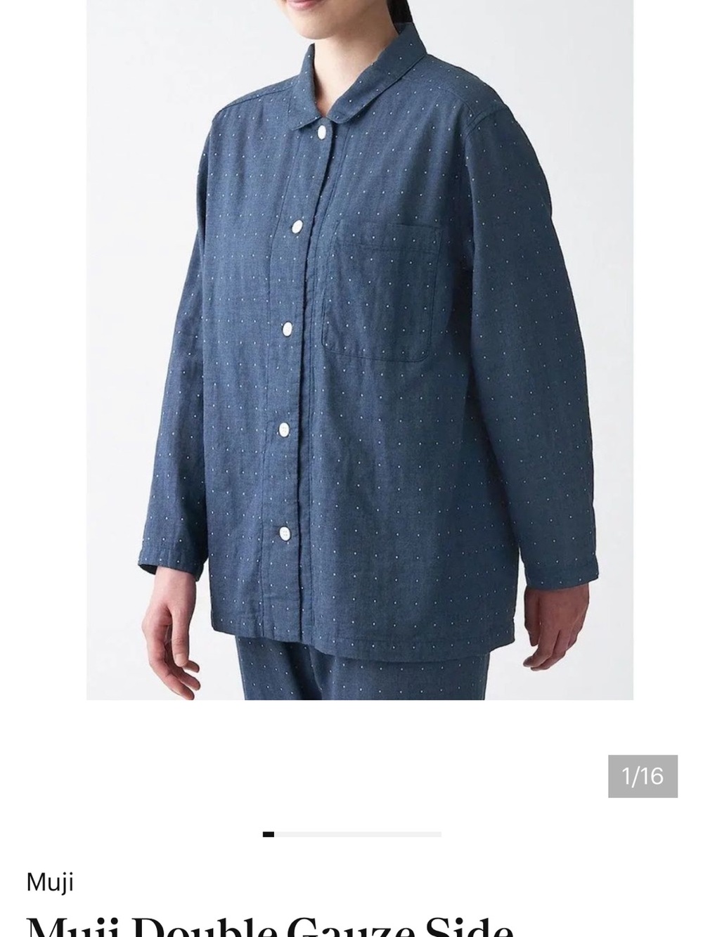 Muji Women's Double Gauze Side Seamless Button-Up Pajama Top in Navy with Dots